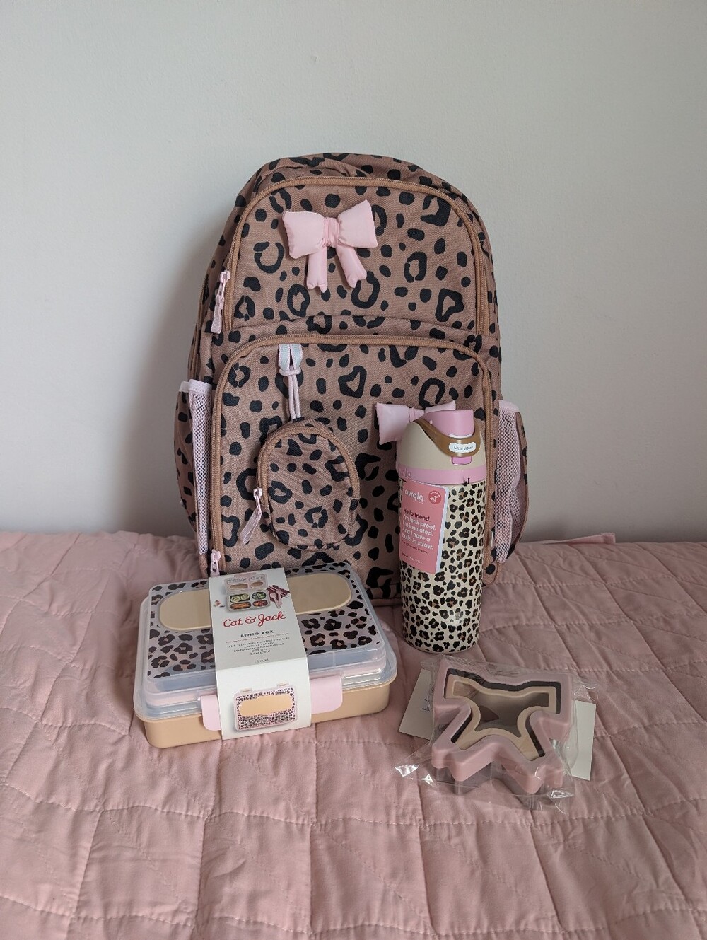 Cat & Jack 17" Leopard Backpack, Lunch Box, Sandwich Cutter & Owala Bottle Lot